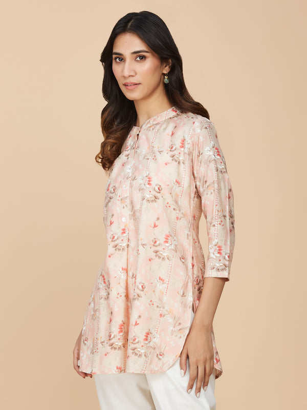 Pink Floral Printed Chanderi Silk Top