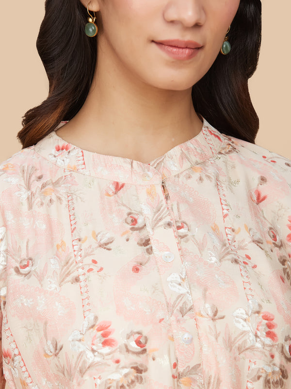 Pink Floral Printed Chanderi Silk Top