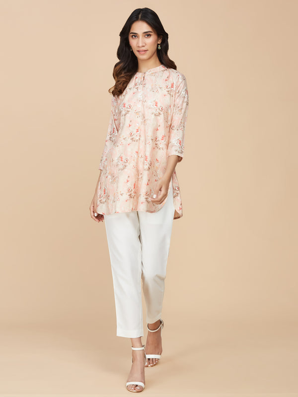 Pink Floral Printed Chanderi Silk Top