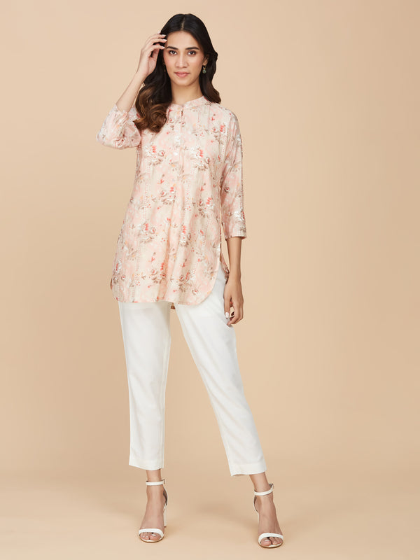 Pink Floral Printed Chanderi Silk Top