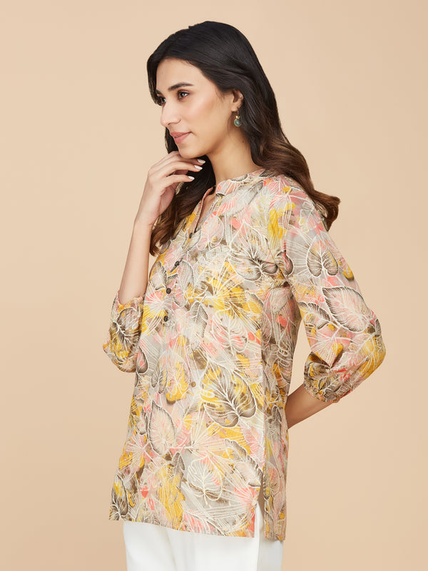 Yellow Floral Printed Cotton Mull Top