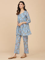 Blue Printed Cotton Mull Co-Ord Set