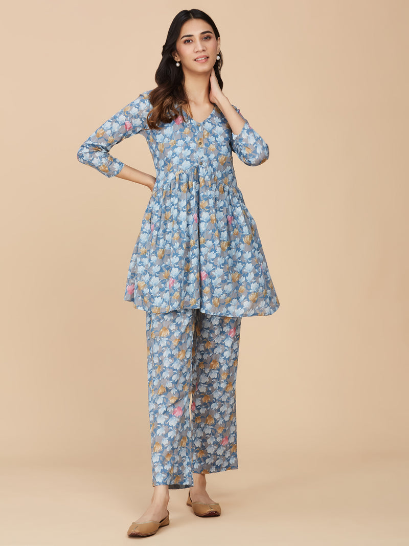 Blue Printed Cotton Mull Co-Ord Set