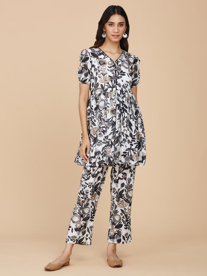 Black Floral Printed Cotton Mull Co-Ord Set