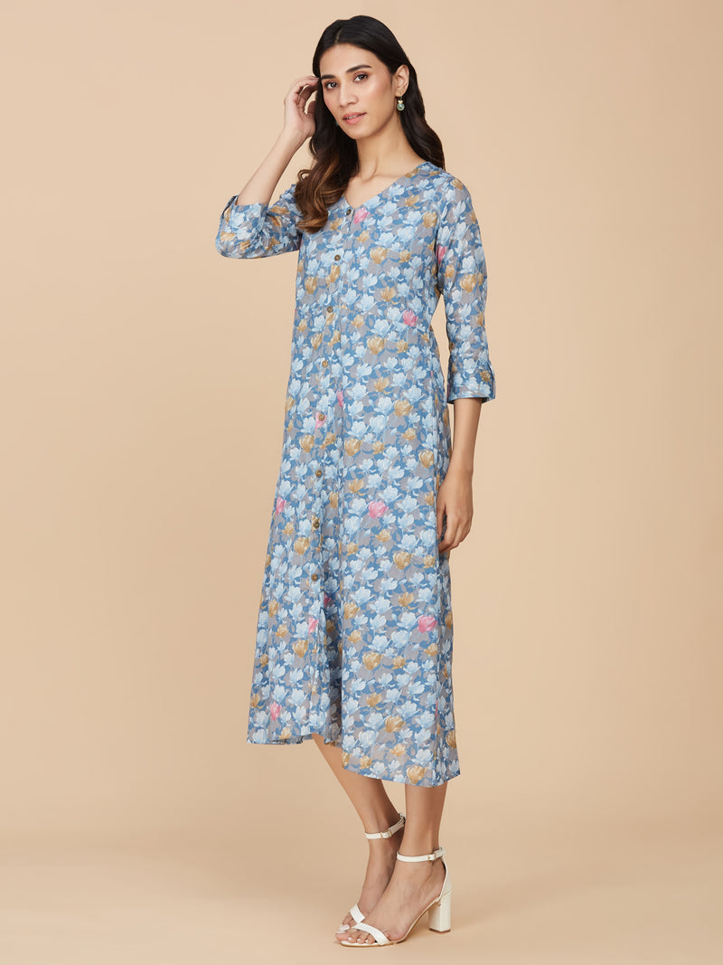 Blue Floral Cotton Mull Kurta Dress