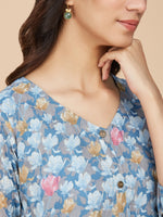 Blue Floral Cotton Mull Kurta Dress