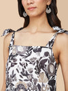 Black Floral Printed Cotton Mull Dress with Knot Shoulder Pattern