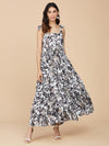 Black Floral Printed Cotton Mull Dress with Knot Shoulder Pattern