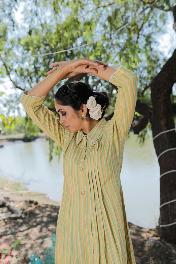 Cotton Hand Block Printed Green Midi Dress