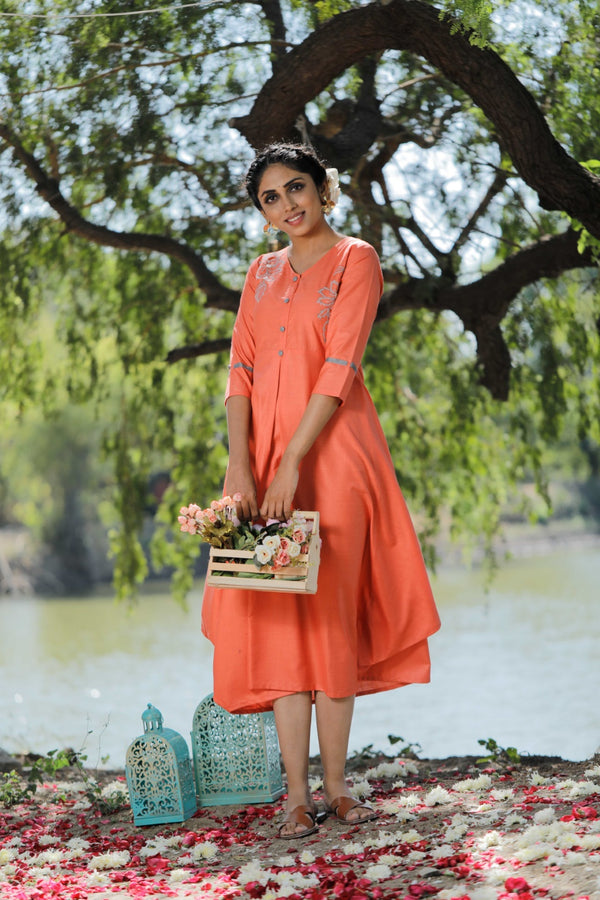 Orange Delicate Hand Embroidered Long Cotton Dress