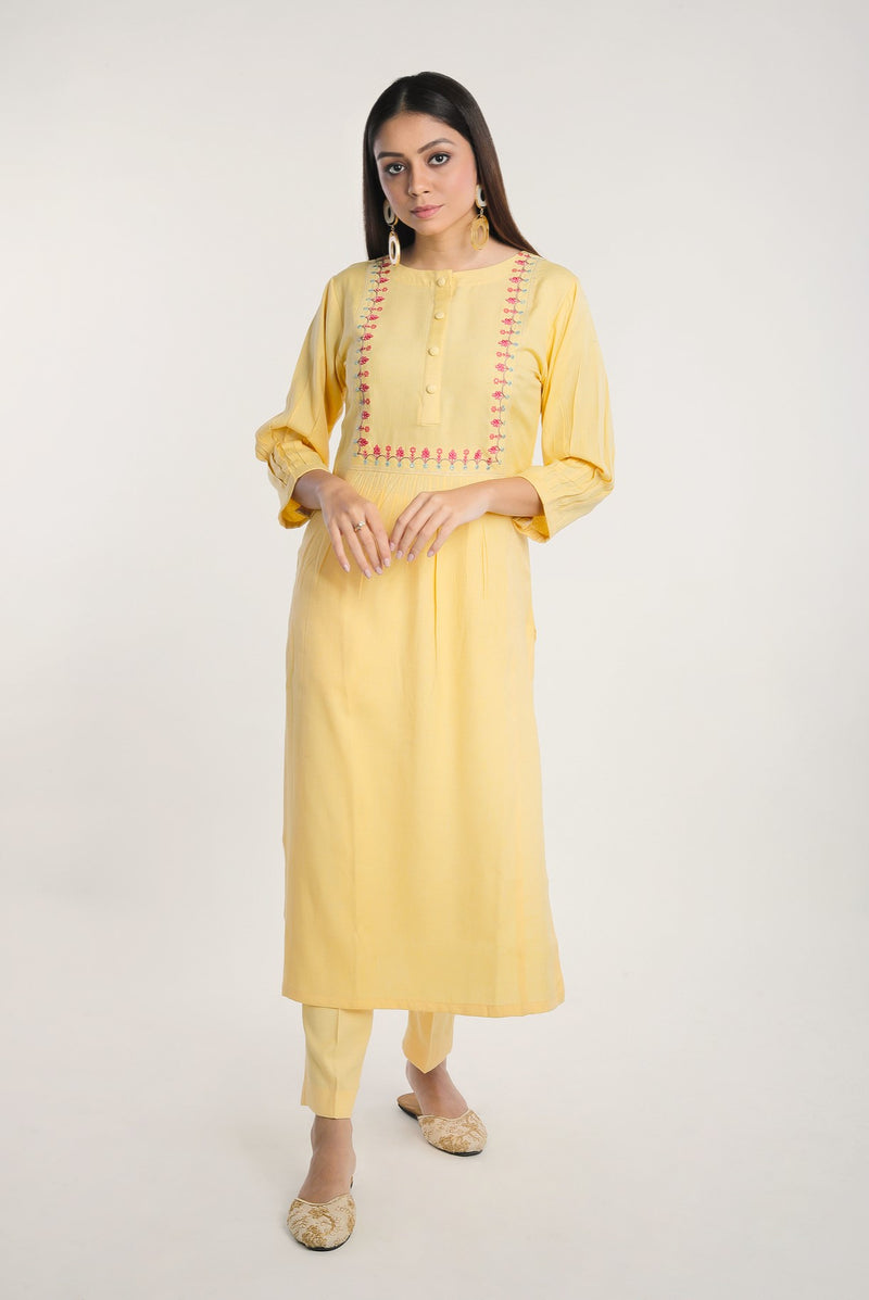 Yellow Neck Embroidered Straight Gathered Cotton Kurta