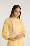 Yellow Neck Embroidered Straight Gathered Cotton Kurta
