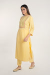 Yellow Neck Embroidered Straight Gathered Cotton Kurta