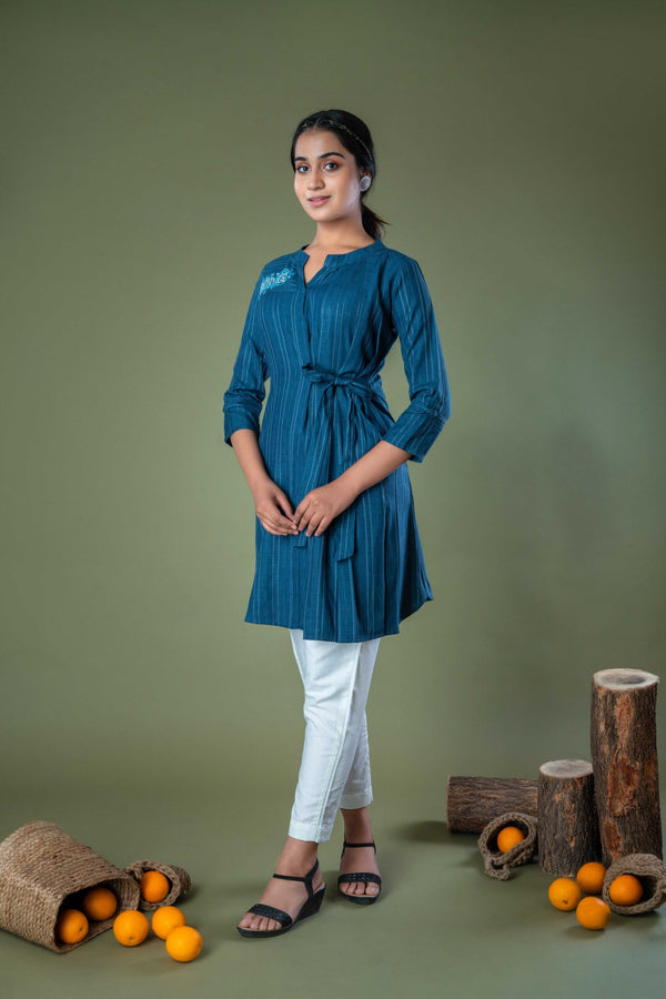 Cotton Dobby Premium Embroidered Blue Top