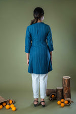 Blue Embroidered Cotton Top with One Side Belt Pattern