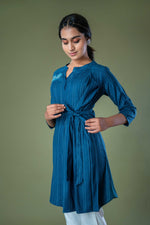Blue Embroidered Cotton Top with One Side Belt Pattern
