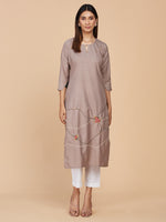 Light Brown Cotton Kurti With Delicate Embroidery