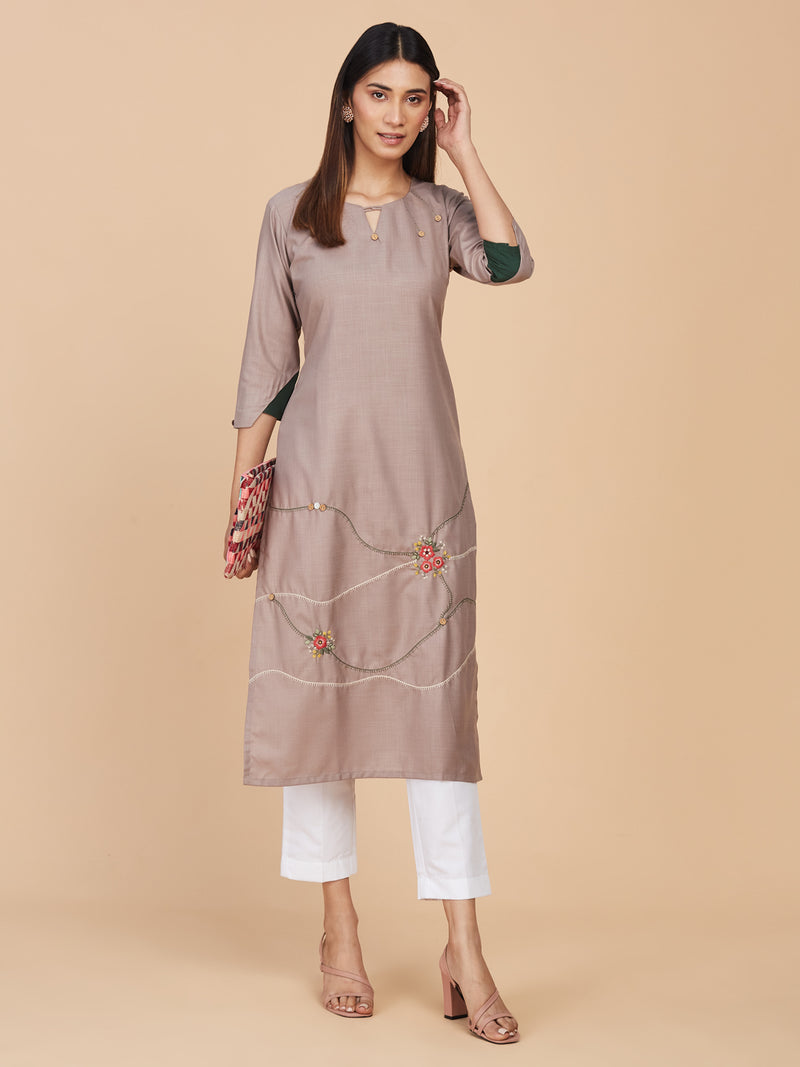 Light Brown Cotton Kurti With Delicate Embroidery