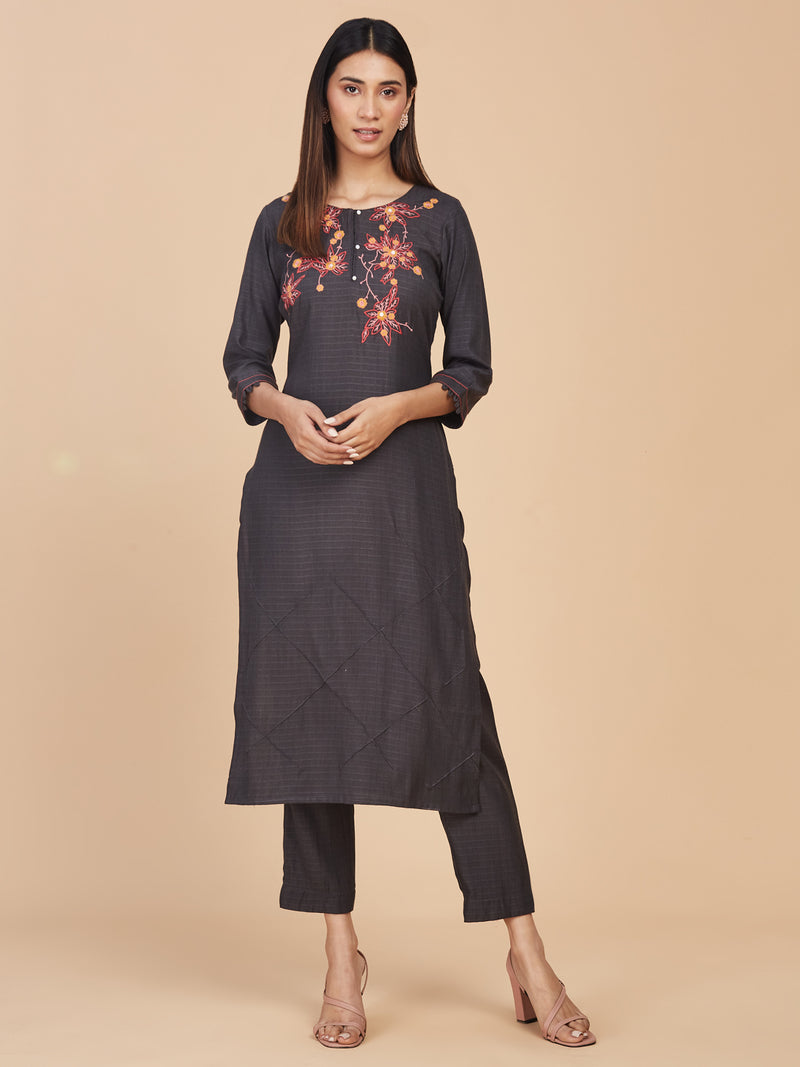 Charcole Gray Cotton Kurta With Pintuck Detail