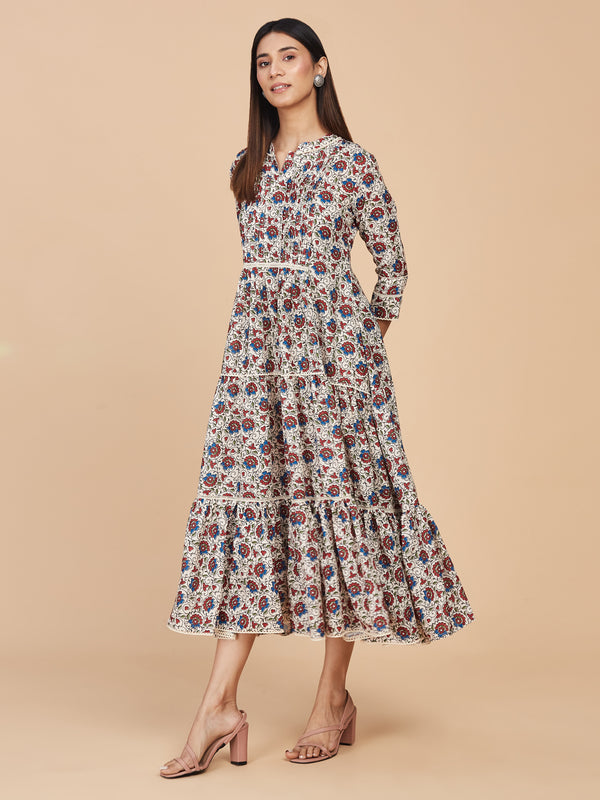 Multicolor Digital Printed White Linen Dress