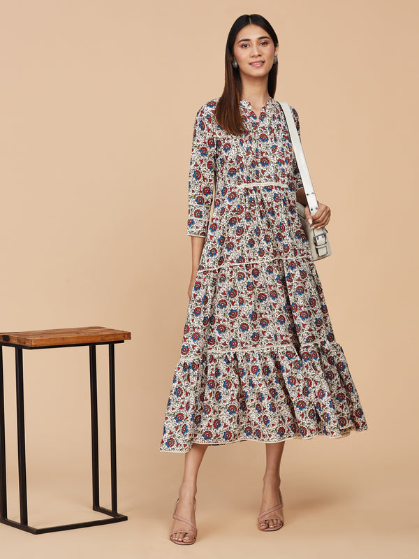 Multicolor Digital Printed White Linen Dress