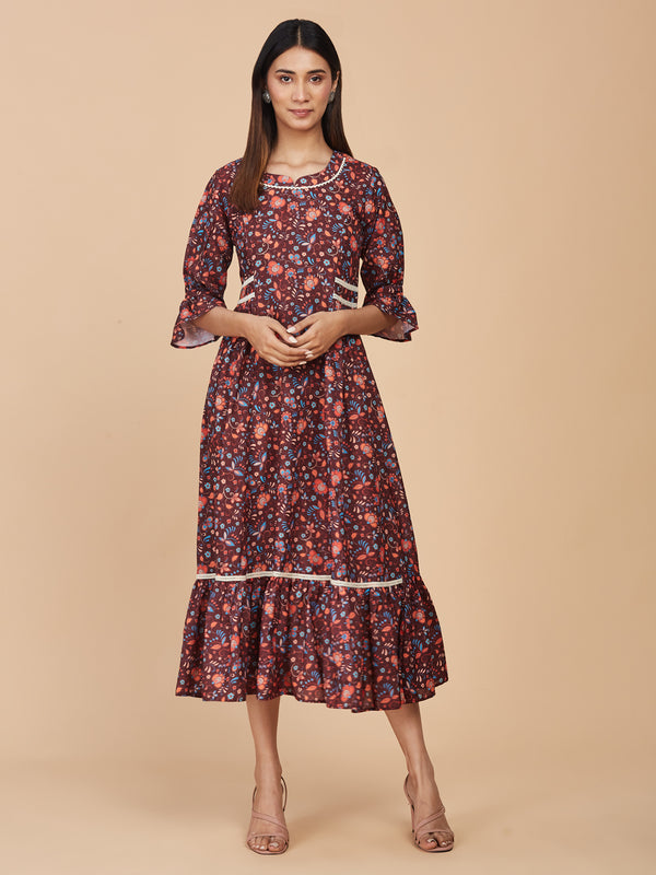 Multicolor Digital Printed Brown Linen Dress