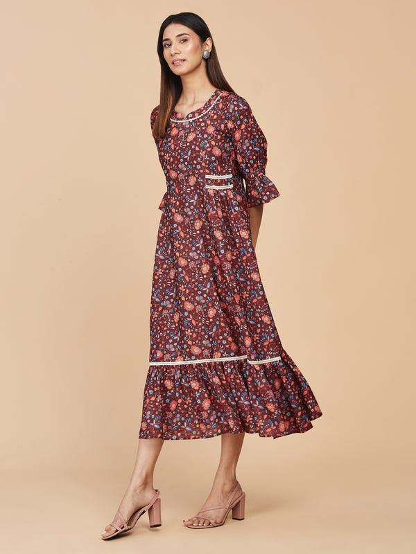 Multicolor Digital Printed Brown Linen Dress