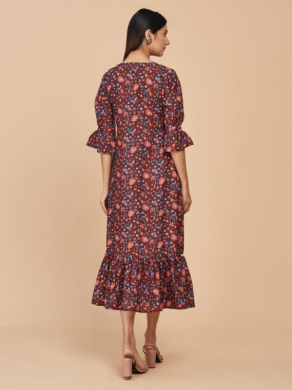 Multicolor Digital Printed Brown Linen Dress