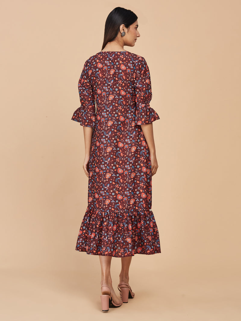 Multicolor Digital Printed Brown Linen Dress