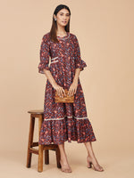Multicolor Digital Printed Brown Linen Dress