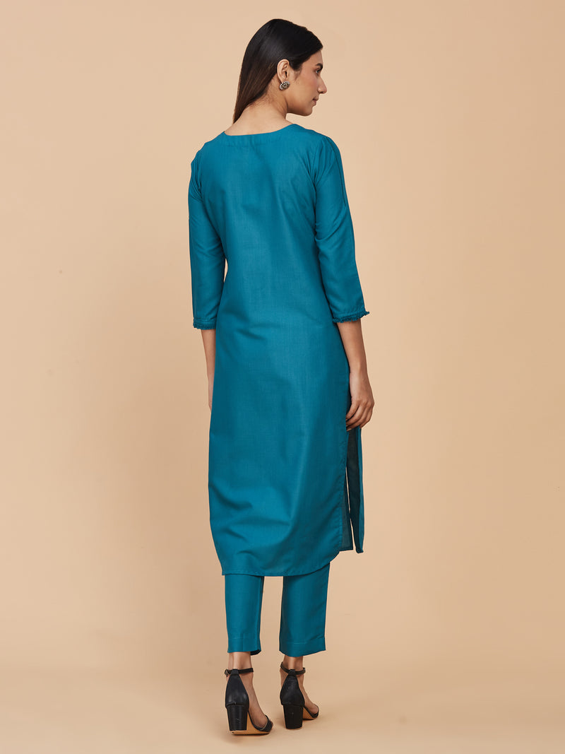 Blue Artistic Floral Embroidery Straight Cotton Kurta