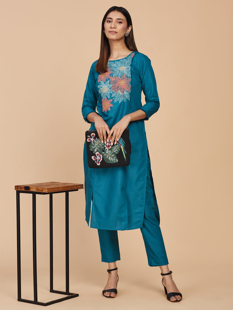 Blue Artistic Floral Embroidery Straight Cotton Kurta