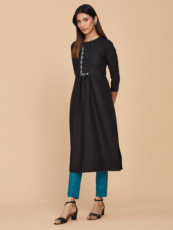 Black Embroidered Cotton Blend Gathered Kurta