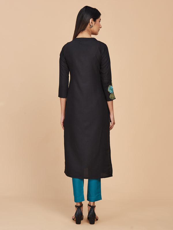 Black Embroidered Cotton Blend Gathered Kurta