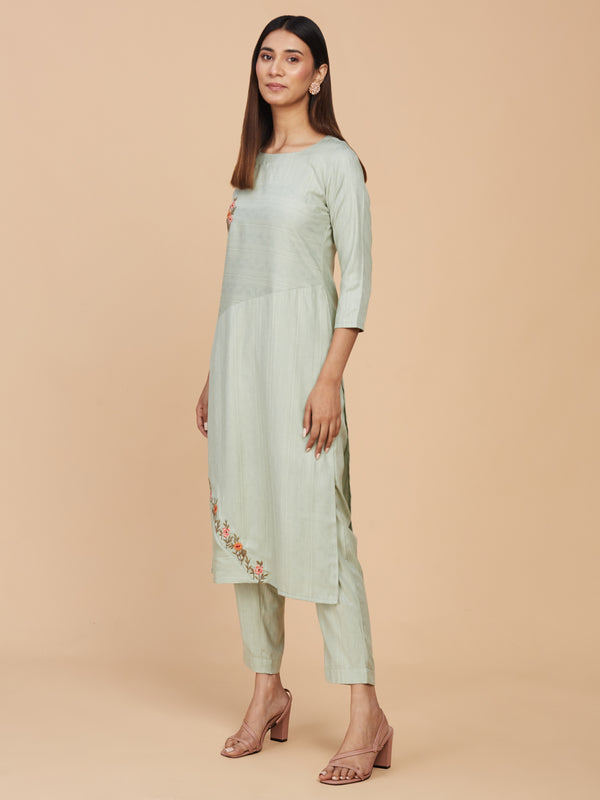 Pastel Green Hand Embroidered Straight Cotton Kurta