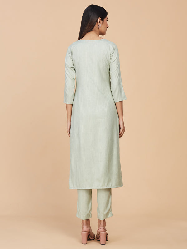 Pastel Green Hand Embroidered Straight Cotton Kurta