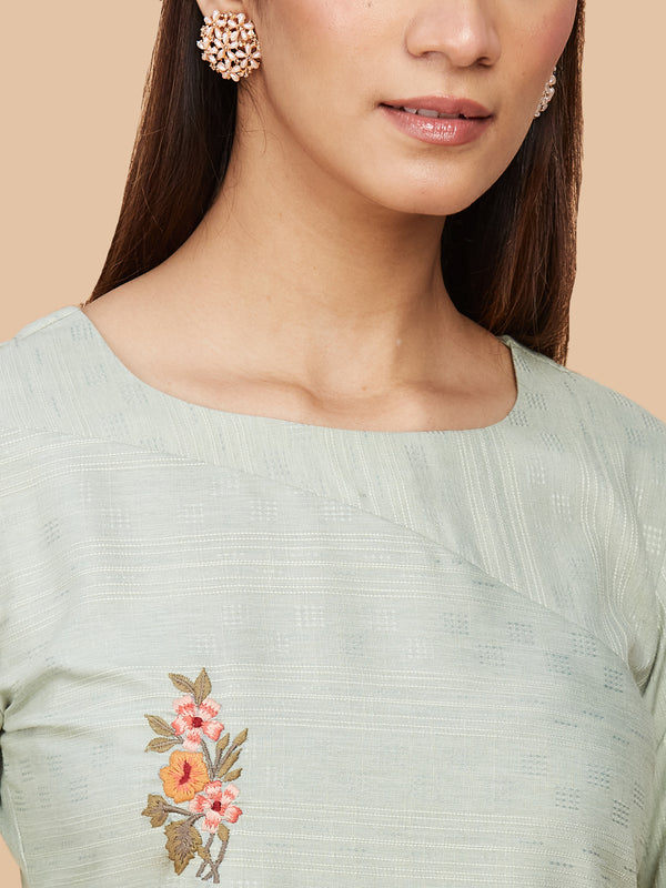 Pastel Green Hand Embroidered Straight Cotton Kurta