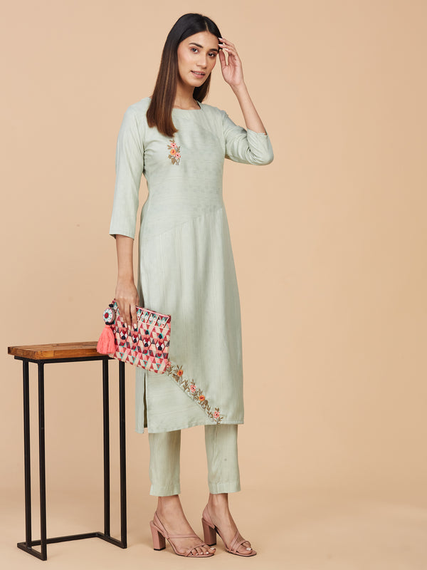 Pastel Green Hand Embroidered Straight Cotton Kurta