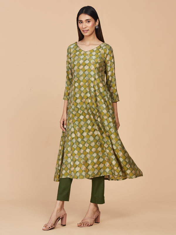 Chanderi Silk Green Printed A-line Kurta