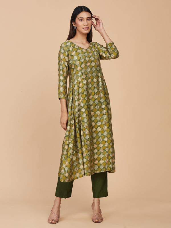 Chanderi Silk Green Printed A-line Kurta