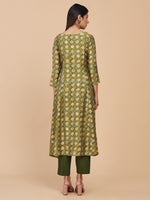 Chanderi Silk Green Printed A-line Kurta