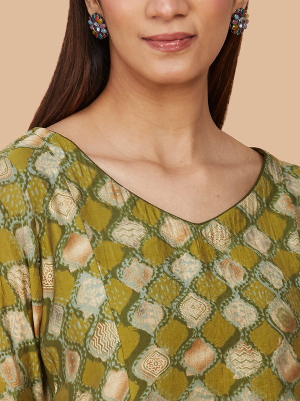 Chanderi Silk Green Printed A-line Kurta