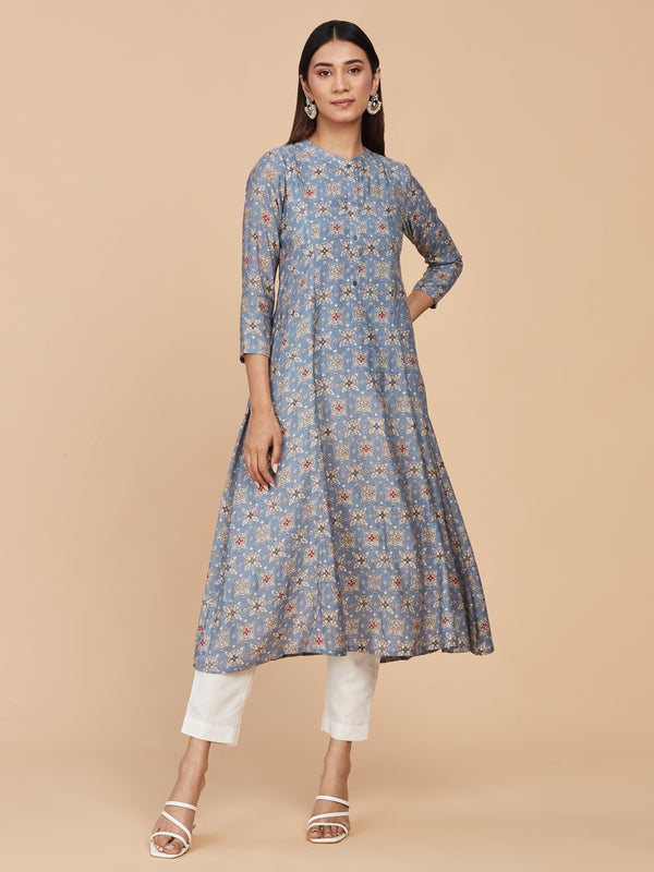 Cotton Silk Blue Printed A-line Kurta