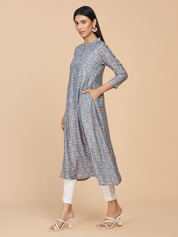 Cotton Silk Blue Printed A-line Kurta