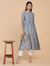Blue Printed Chanderi Silk Long A-line Kurta