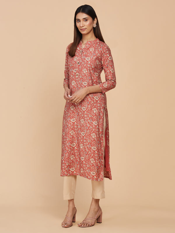 Red Floral Chanderi Silk Straight Kurta