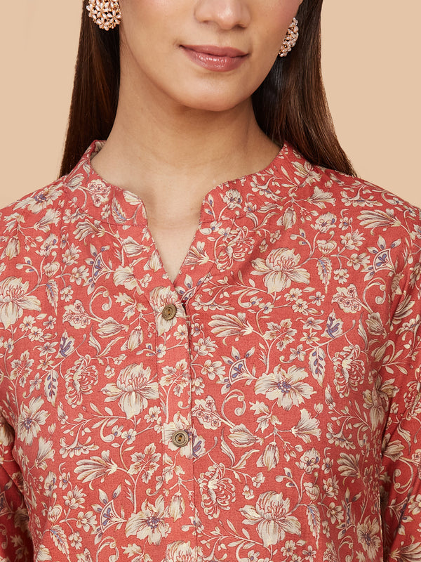 Red Floral Chanderi Silk Straight Kurta