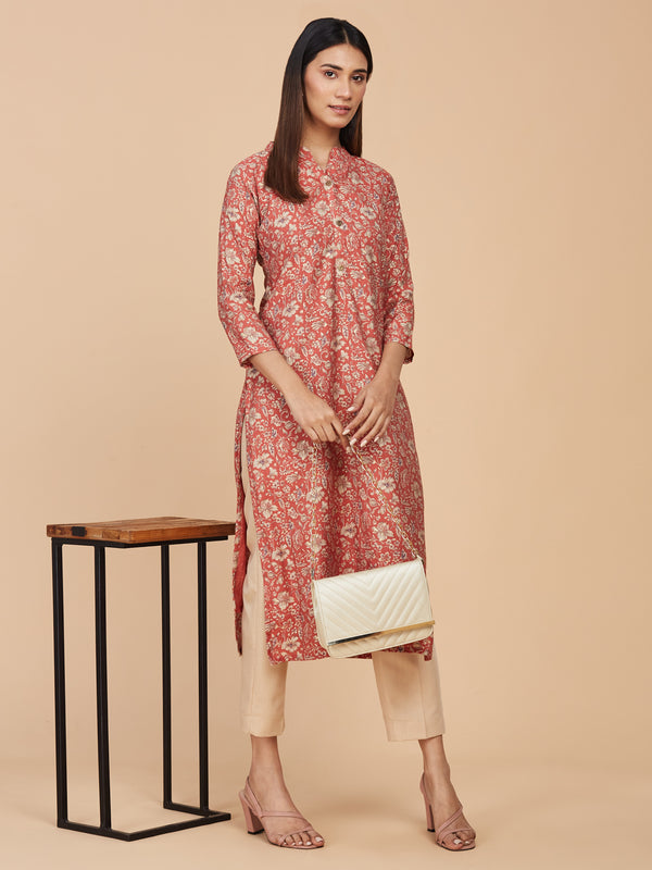 Red Floral Chanderi Silk Straight Kurta