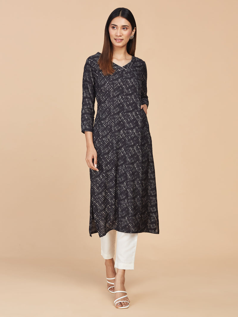 Black Printed Pure Chanderi Silk Straight Long Kurta