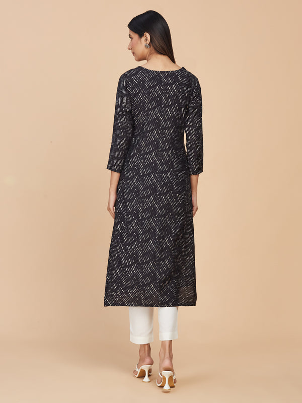 Chanderi Silk Black Printed Kurta